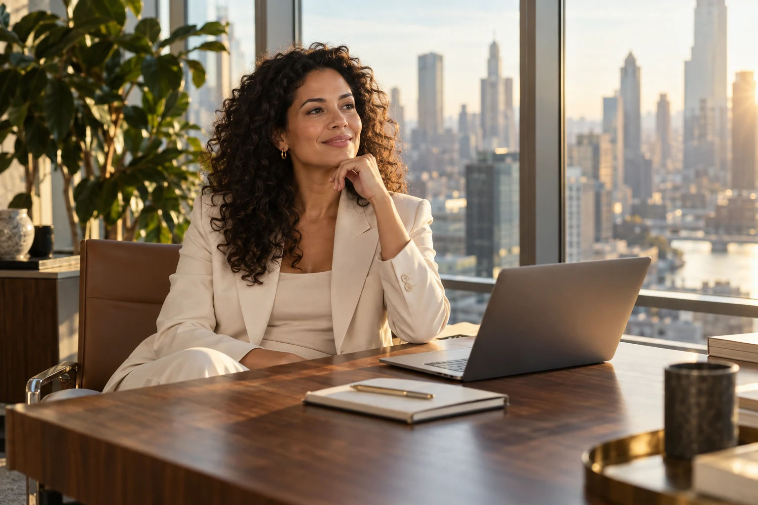A confident professional in a sunlit office, ready for her next chapter